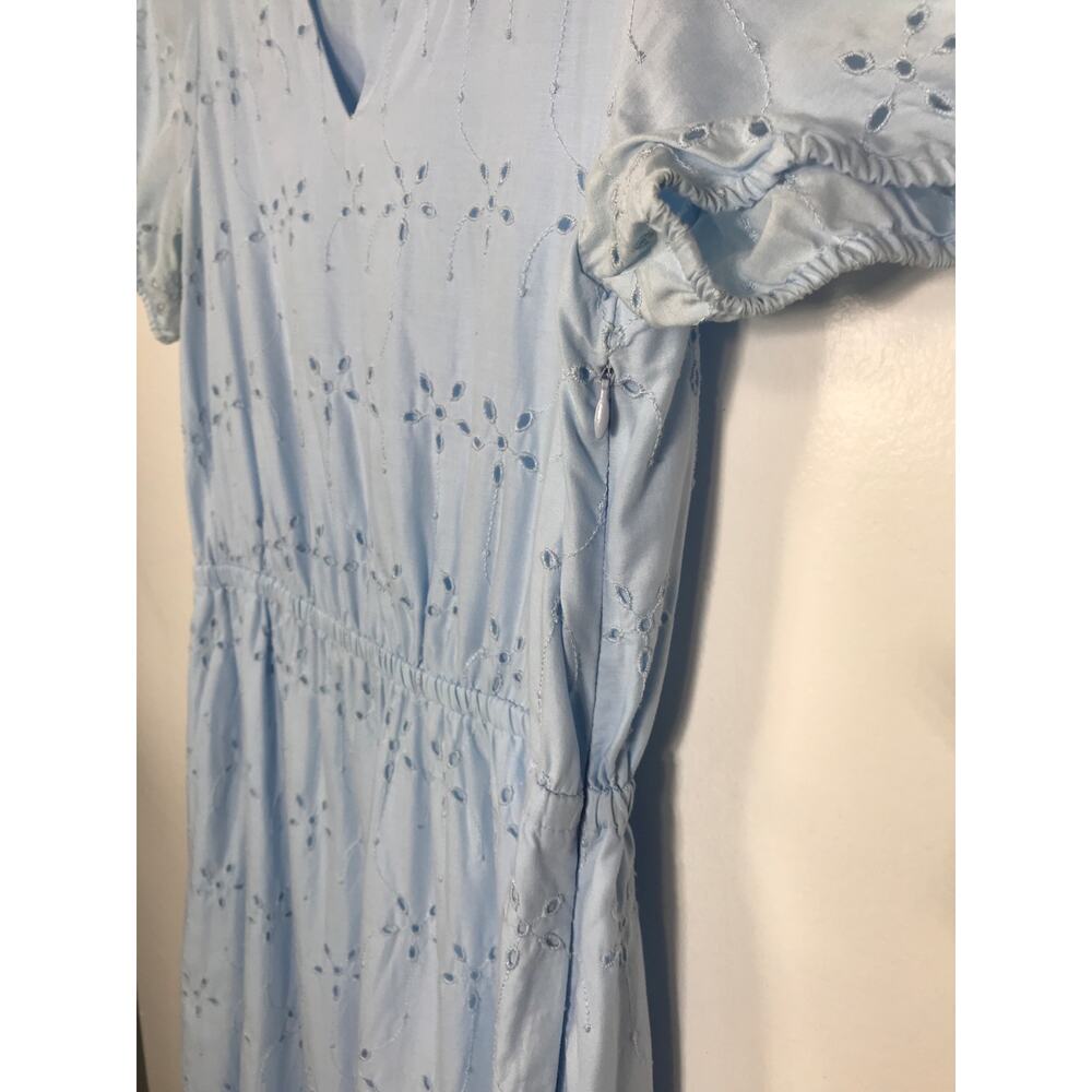 J. Crew Midi Dress Women's 8 Blue V Neck Puff Sleeve Eyelet Tiered Feminine - Picture 7 of 15